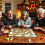 Multi-generational family laughing together around wooden table playing colorful board games with dice and game pieces scattered, warm holiday lighting, cozy living room setting