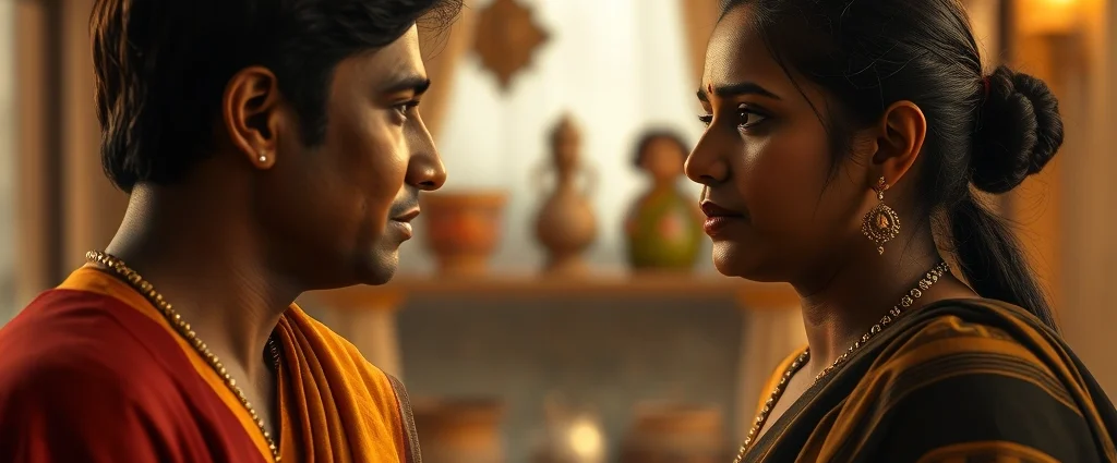 Close-up of two characters having an emotional conversation in a warmly-lit Indian home setting, with traditional decor visible in soft focus behind them, photorealistic style