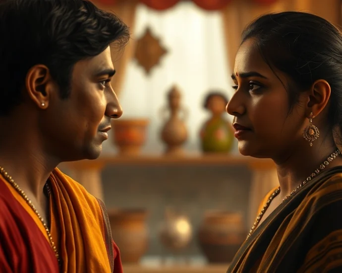 Close-up of two characters having an emotional conversation in a warmly-lit Indian home setting, with traditional decor visible in soft focus behind them, photorealistic style