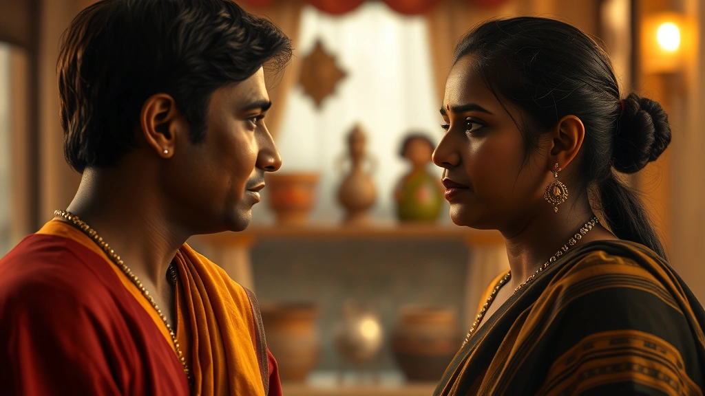 Close-up of two characters having an emotional conversation in a warmly-lit Indian home setting, with traditional decor visible in soft focus behind them, photorealistic style