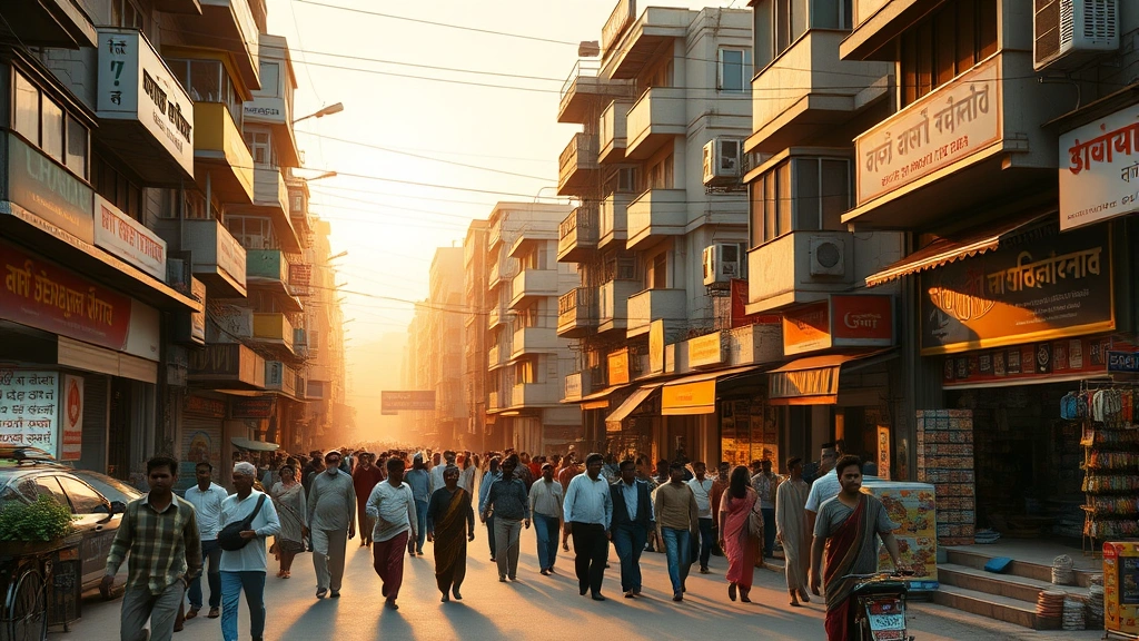 Wide shot of a vibrant Indian city street at golden hour with bustling markets, colorful storefronts, and diverse people walking, photorealistic rendering