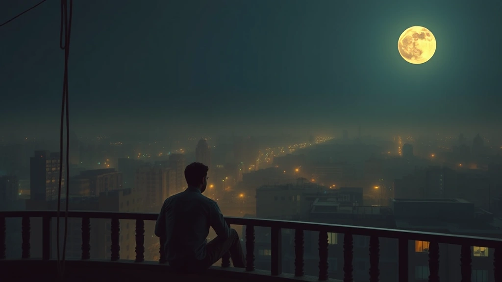 Intimate scene of a character sitting alone on a balcony overlooking a moonlit Indian cityscape, contemplative mood, warm lighting, photorealistic