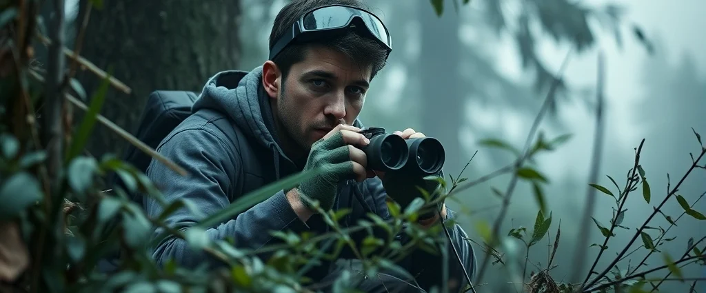Professional hunter in tactical gear crouching behind dense forest vegetation, holding binoculars, intense focused expression, misty woodland atmosphere, photorealistic, cinematic lighting
