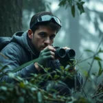 Professional hunter in tactical gear crouching behind dense forest vegetation, holding binoculars, intense focused expression, misty woodland atmosphere, photorealistic, cinematic lighting
