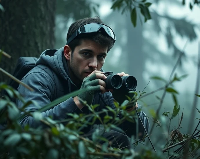Professional hunter in tactical gear crouching behind dense forest vegetation, holding binoculars, intense focused expression, misty woodland atmosphere, photorealistic, cinematic lighting