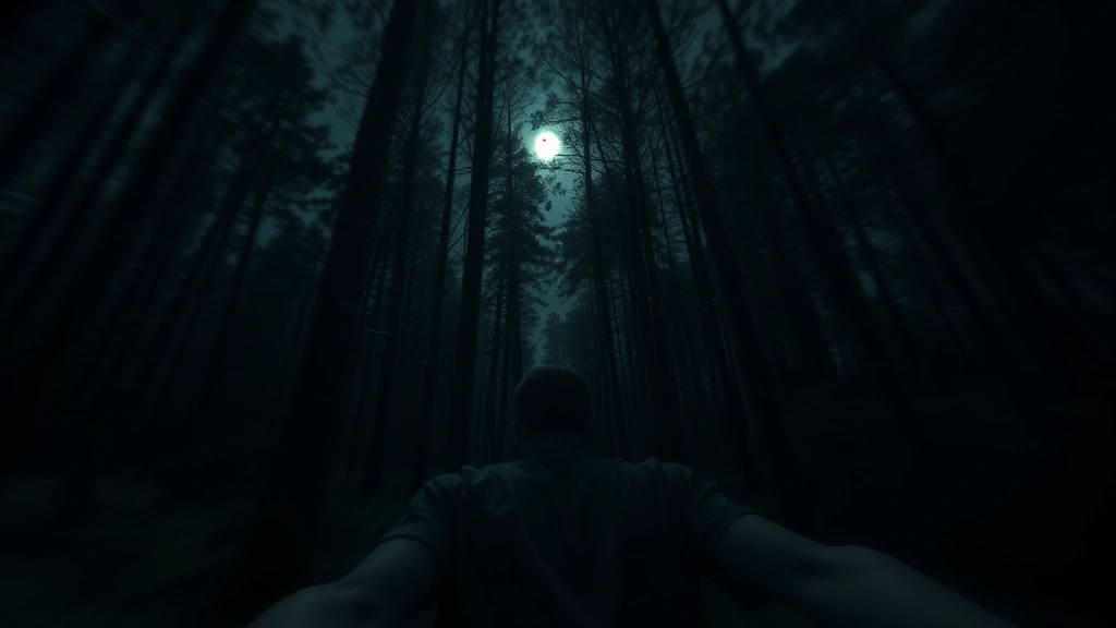 First-person perspective of someone running through a dark forest at night, moonlight filtering through trees, terrified expression visible in reflection, dynamic movement blur, survival horror aesthetic, photorealistic