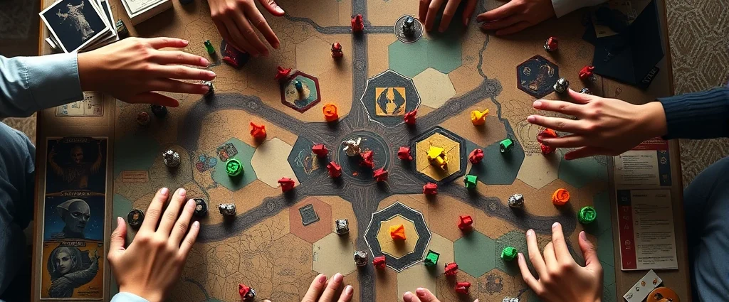 Overhead view of a complex strategy game board with colorful faction tokens and resource markers, players' hands reaching across the table in intense gameplay moment, dramatic lighting highlighting strategic tension and competition