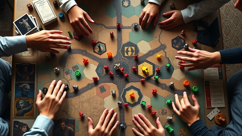 Overhead view of a complex strategy game board with colorful faction tokens and resource markers, players' hands reaching across the table in intense gameplay moment, dramatic lighting highlighting strategic tension and competition