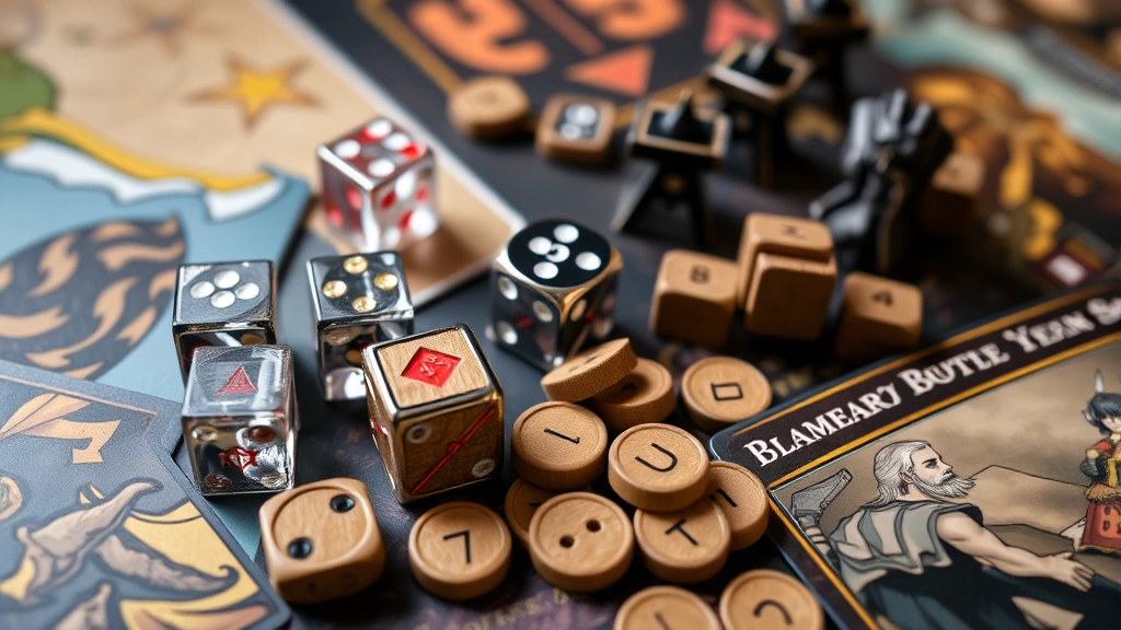 Close-up of intricately detailed game components including custom dice, wooden resource tokens, and faction-specific cards arranged artistically, showcasing the game's visual design and production quality
