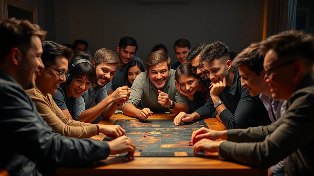 Diverse group of players gathered around a game table displaying genuine emotions of concentration, celebration, and strategic contemplation, warm ambient lighting creating intimate gaming atmosphere