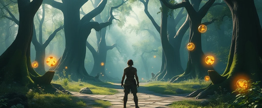 A player character standing at a crossroads in a lush, magical forest environment, with ethereal light filtering through ancient trees and glowing wish orbs floating in the air around them, photorealistic fantasy setting