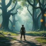 A player character standing at a crossroads in a lush, magical forest environment, with ethereal light filtering through ancient trees and glowing wish orbs floating in the air around them, photorealistic fantasy setting