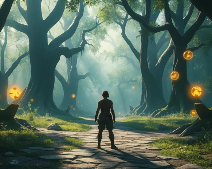 A player character standing at a crossroads in a lush, magical forest environment, with ethereal light filtering through ancient trees and glowing wish orbs floating in the air around them, photorealistic fantasy setting