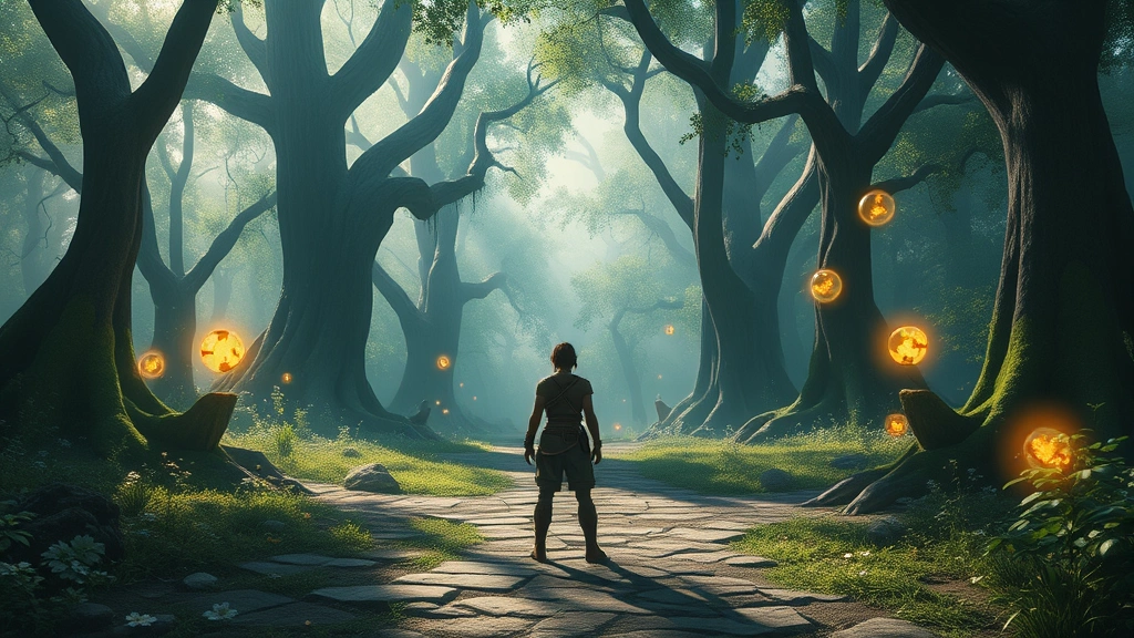 A player character standing at a crossroads in a lush, magical forest environment, with ethereal light filtering through ancient trees and glowing wish orbs floating in the air around them, photorealistic fantasy setting