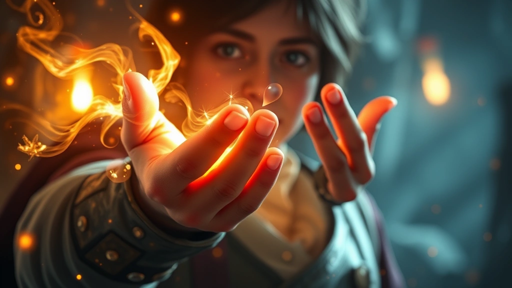 Close-up of a protagonist making a crucial decision gesture with hands glowing with magical wish energy, surrounded by swirling magical particles and ambient light effects in a mystical chamber