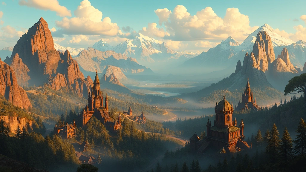 A breathtaking landscape view showing the game world with diverse environments including mountains, forests, and magical structures, golden hour lighting creating atmospheric depth and wonder