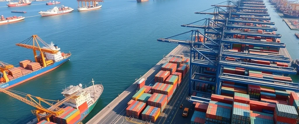 Aerial view of a bustling international cargo port with container ships, shipping containers stacked high, and cranes loading goods, representing global trade networks and commerce, photorealistic daytime lighting, wide angle perspective, no visible text or UI elements