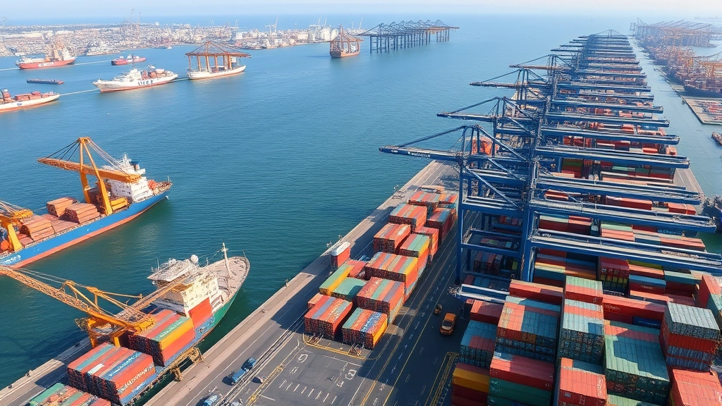 Aerial view of a bustling international cargo port with container ships, shipping containers stacked high, and cranes loading goods, representing global trade networks and commerce, photorealistic daytime lighting, wide angle perspective, no visible text or UI elements