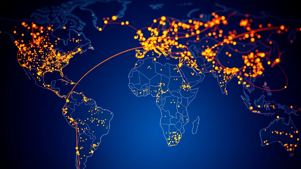 Close-up of a world map with illuminated trade route lines connecting major economic centers, glowing connections between continents showing commerce flow, deep blue background with golden light paths, photorealistic cartographic style, no text overlays or labels