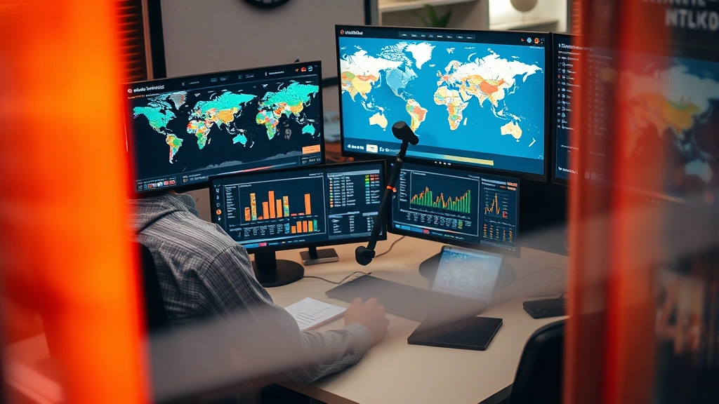 Professional workspace showing a gamer at a modern desk with multiple monitors displaying world maps and trade data analytics, strategic planning materials visible, focused concentration, warm ambient lighting, photorealistic professional environment, no readable text on screens