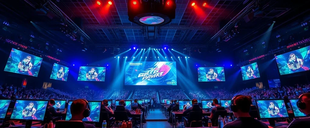 Professional esports tournament arena with dramatic lighting, multiple gaming stations, competitive players with headsets, energy drink cans, RGB lighting setup, crowded audience watching screens, high-tech gaming environment, photorealistic modern venue