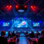 Professional esports tournament arena with dramatic lighting, multiple gaming stations, competitive players with headsets, energy drink cans, RGB lighting setup, crowded audience watching screens, high-tech gaming environment, photorealistic modern venue