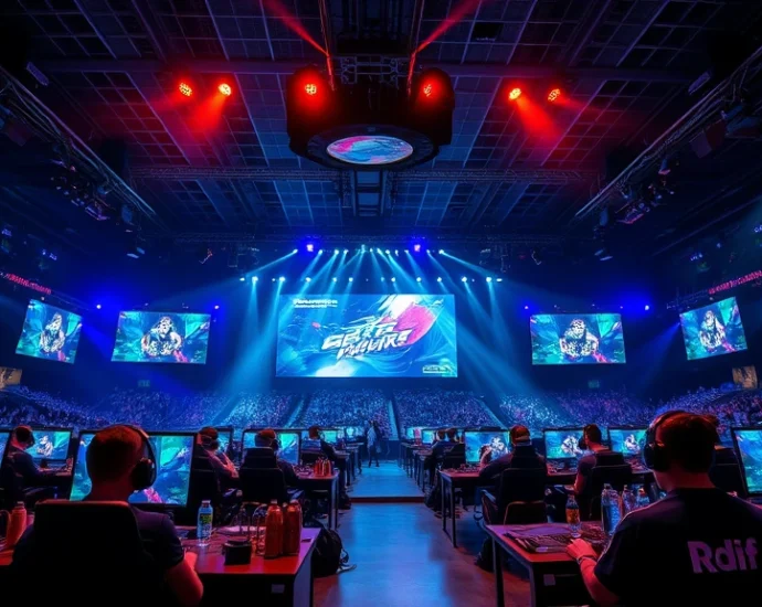 Professional esports tournament arena with dramatic lighting, multiple gaming stations, competitive players with headsets, energy drink cans, RGB lighting setup, crowded audience watching screens, high-tech gaming environment, photorealistic modern venue