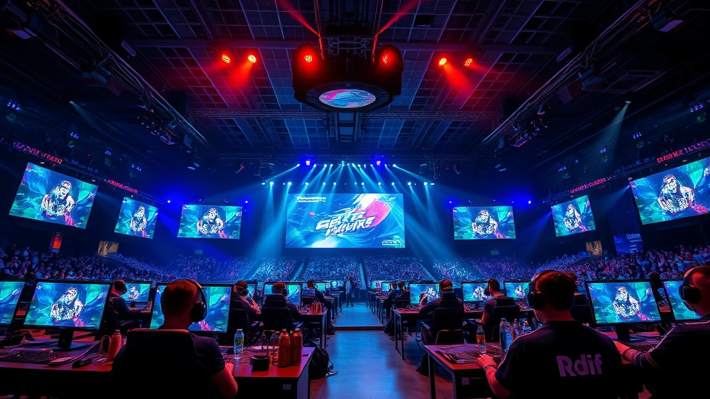 Professional esports tournament arena with dramatic lighting, multiple gaming stations, competitive players with headsets, energy drink cans, RGB lighting setup, crowded audience watching screens, high-tech gaming environment, photorealistic modern venue