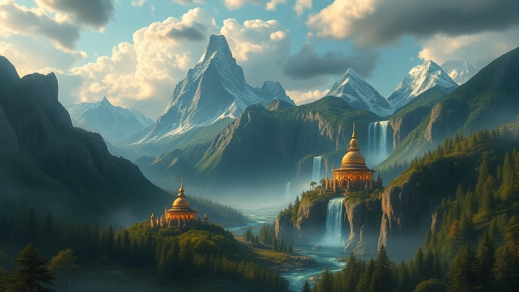 Open-world fantasy landscape with towering mountains, lush forests, crystalline waterfalls, glowing magical structures, dynamic weather with dramatic clouds, expansive vista showcasing environmental scale, cinematic lighting, photorealistic natural beauty