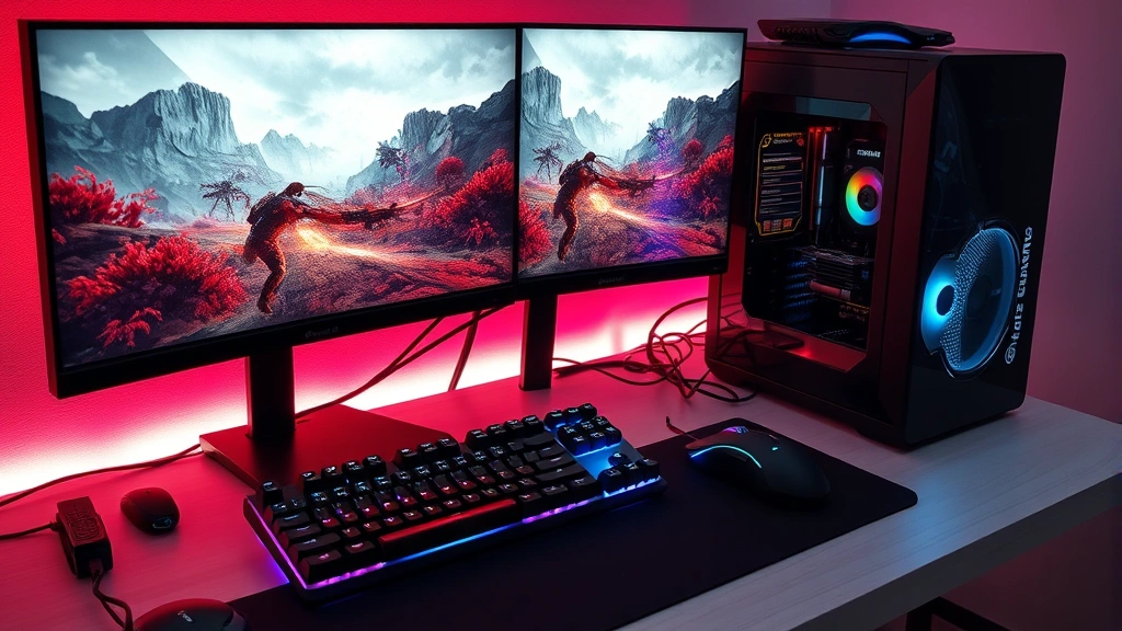 Advanced gaming PC setup with multiple monitors displaying game graphics, mechanical keyboard with RGB backlighting, professional gaming mouse, high-end graphics card visible, cable management, minimalist desk setup, photorealistic technology showcase