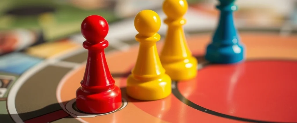 Close-up of classic colorful board game pieces in red, yellow, blue, and green positioned on a circular game board track, photorealistic detail, natural lighting