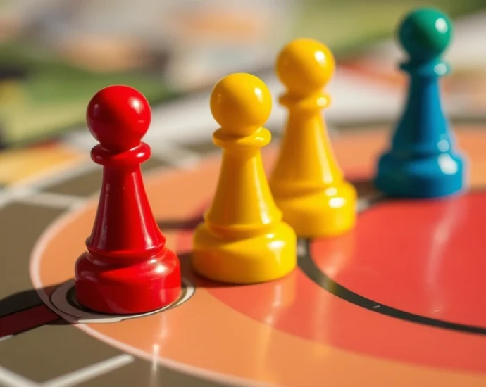 Close-up of classic colorful board game pieces in red, yellow, blue, and green positioned on a circular game board track, photorealistic detail, natural lighting