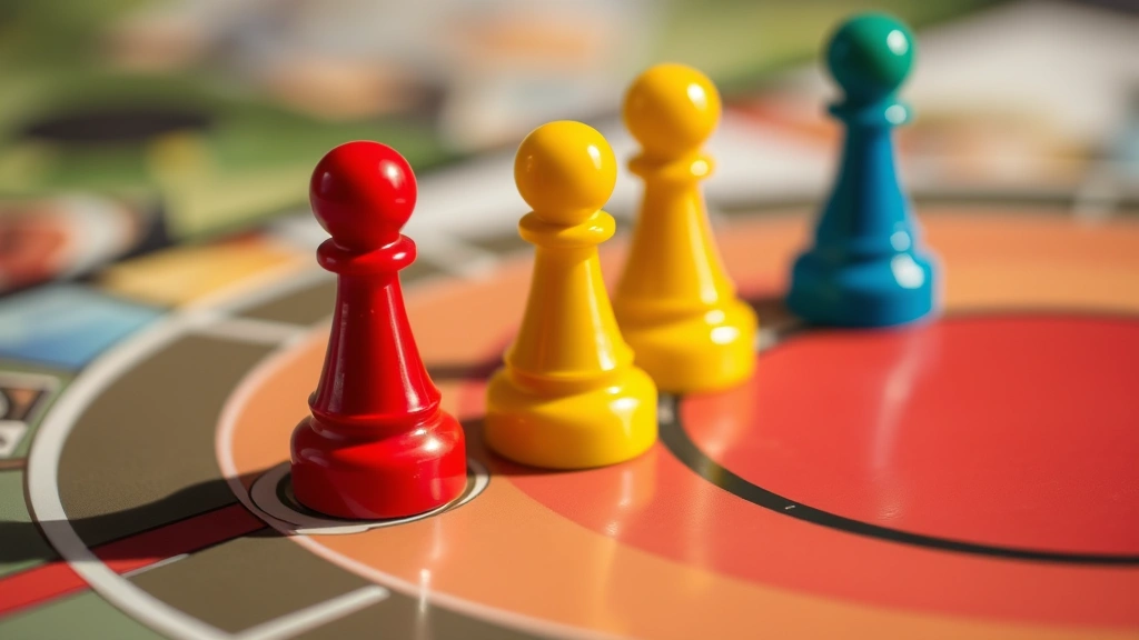 Close-up of classic colorful board game pieces in red, yellow, blue, and green positioned on a circular game board track, photorealistic detail, natural lighting