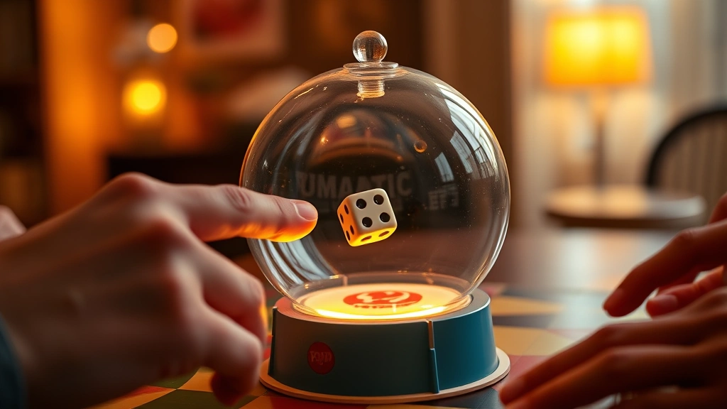 Pop-O-Matic bubble mechanism being pressed by a player's finger, transparent dome with die inside, hands around game board, warm indoor lighting