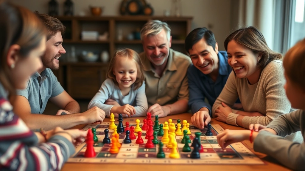 Family gathered around table playing board game with colorful pawns, laughing and engaged, game board visible with numbered spaces, candid moment photography