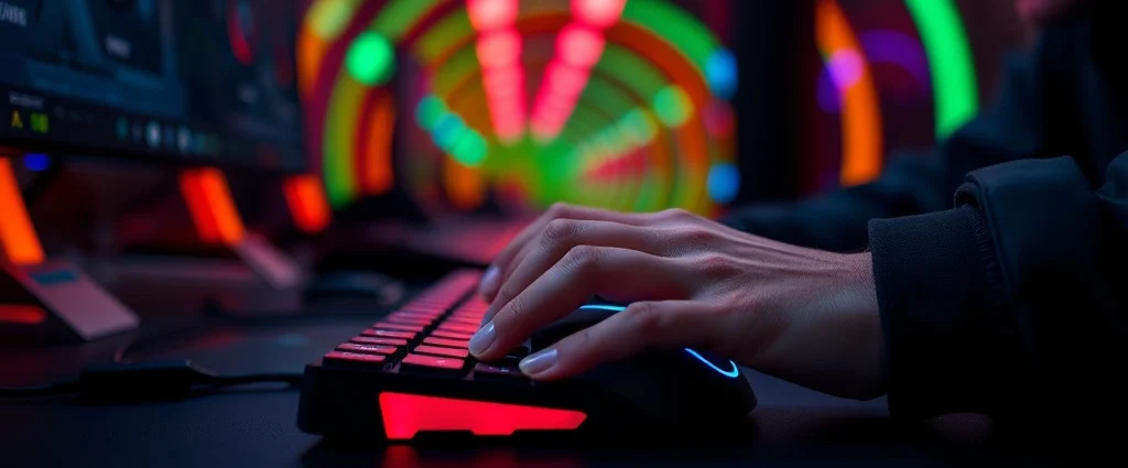 A player's hands on a gaming mouse and keyboard during an intense Tunnel Rush session, colorful neon tunnel blur in the background, focused concentration, professional gaming setup with RGB lighting