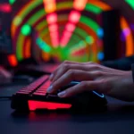 A player's hands on a gaming mouse and keyboard during an intense Tunnel Rush session, colorful neon tunnel blur in the background, focused concentration, professional gaming setup with RGB lighting