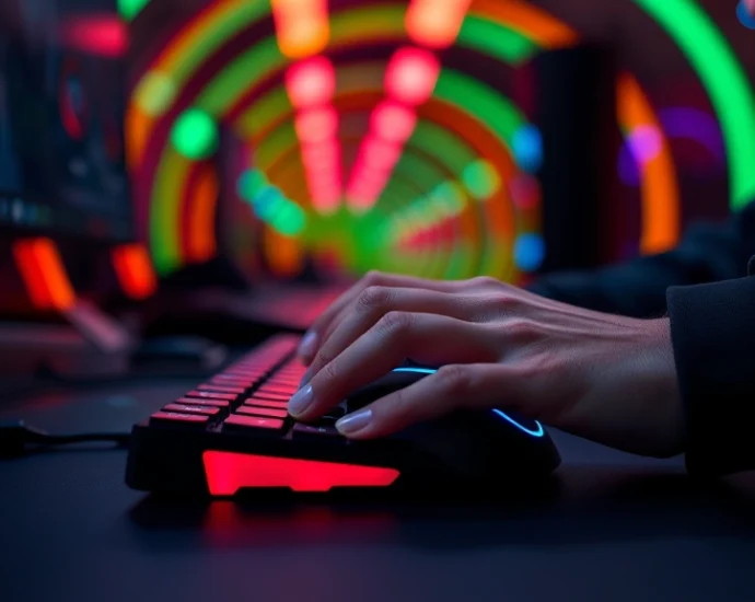 A player's hands on a gaming mouse and keyboard during an intense Tunnel Rush session, colorful neon tunnel blur in the background, focused concentration, professional gaming setup with RGB lighting