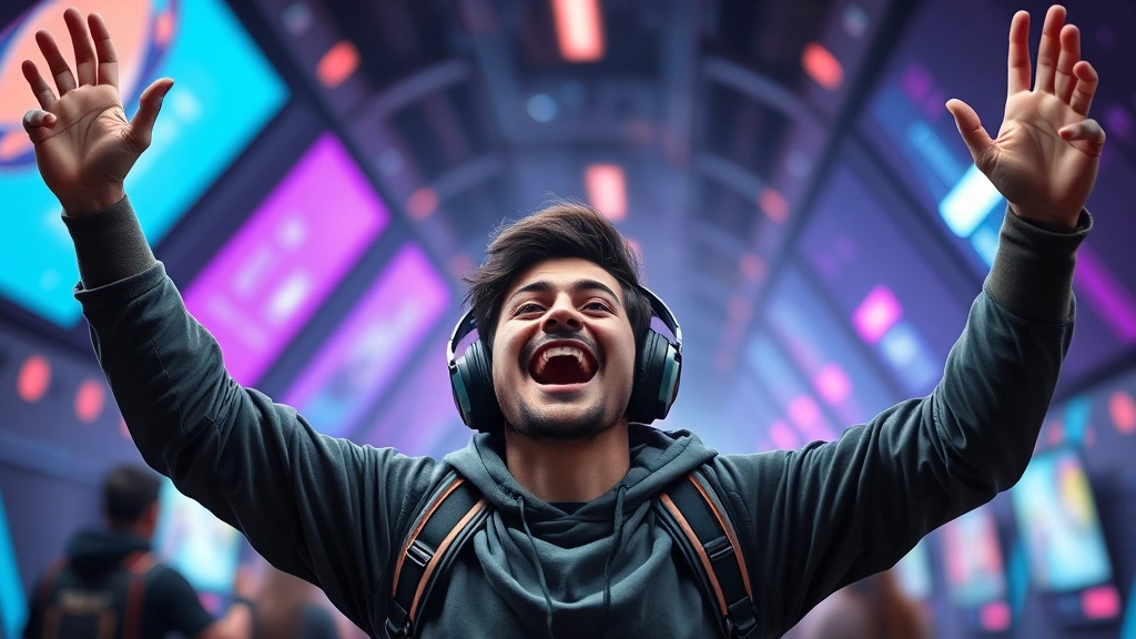 A gamer celebrating with arms raised, victory expression, tunnel rush-style geometric shapes and neon colors blurred in background, photorealistic human emotion, esports celebration moment