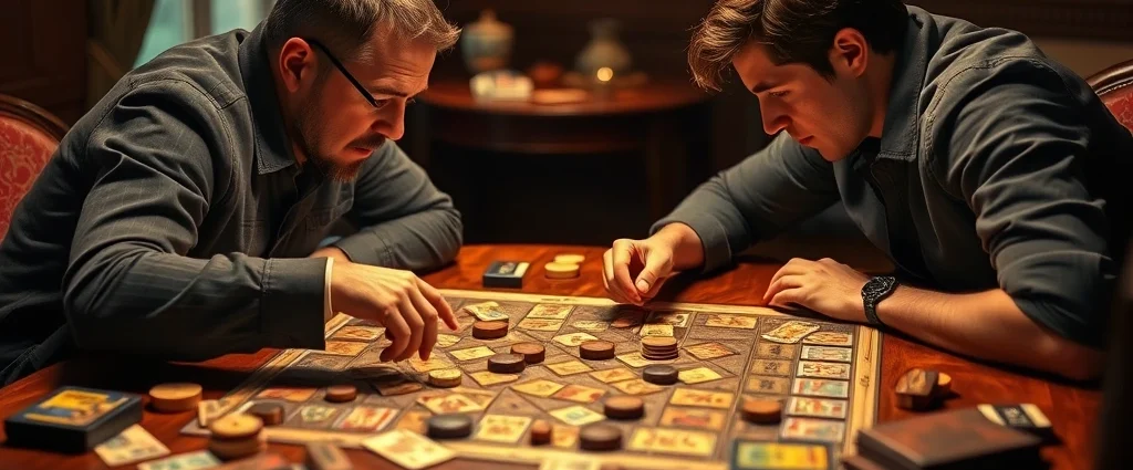 Two players intensely focused on a strategic board game with wooden pieces and cards spread across a table, warm lighting highlighting their concentration and competitive spirit