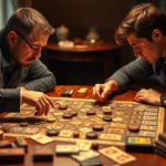 Two players intensely focused on a strategic board game with wooden pieces and cards spread across a table, warm lighting highlighting their concentration and competitive spirit