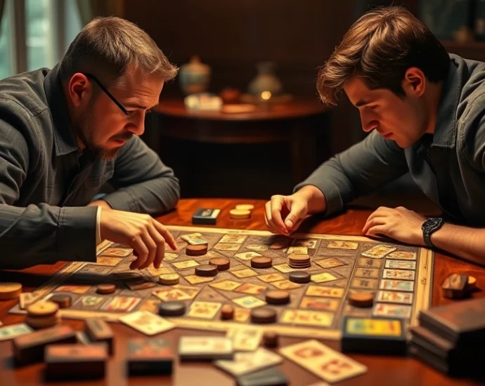 Two players intensely focused on a strategic board game with wooden pieces and cards spread across a table, warm lighting highlighting their concentration and competitive spirit