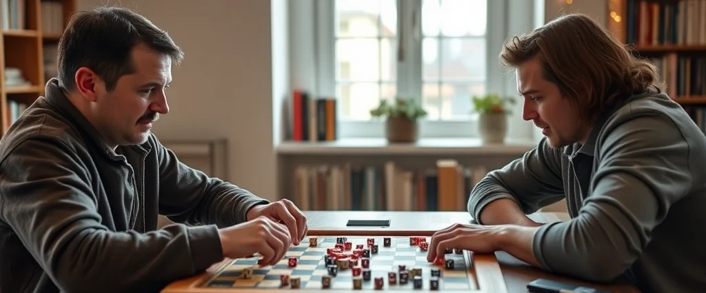 Two players in casual clothing engaged in intense board game competition at wooden table, dice and game pieces scattered, natural window lighting, genuine concentration on faces, warm home setting with bookshelves background