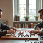 Two players in casual clothing engaged in intense board game competition at wooden table, dice and game pieces scattered, natural window lighting, genuine concentration on faces, warm home setting with bookshelves background
