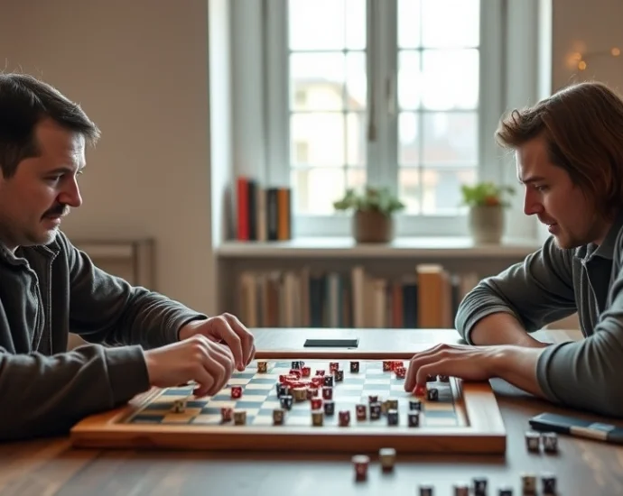 Two players in casual clothing engaged in intense board game competition at wooden table, dice and game pieces scattered, natural window lighting, genuine concentration on faces, warm home setting with bookshelves background