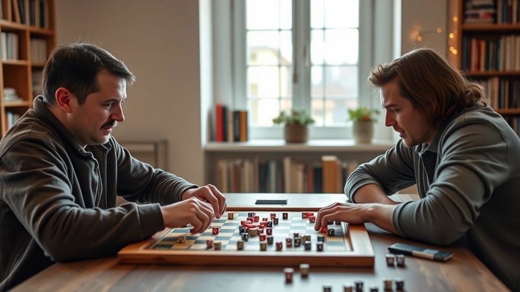 Two players in casual clothing engaged in intense board game competition at wooden table, dice and game pieces scattered, natural window lighting, genuine concentration on faces, warm home setting with bookshelves background