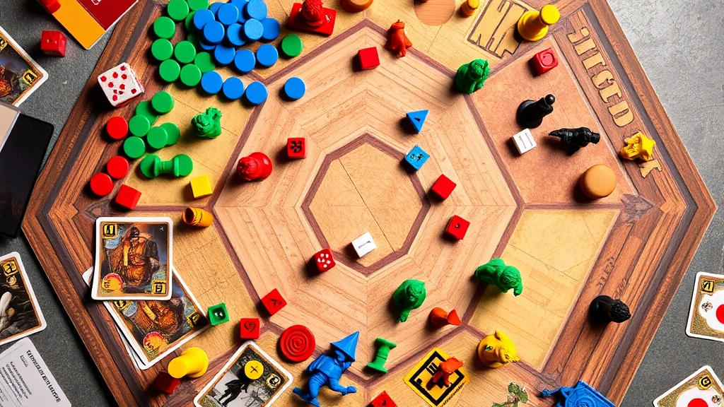Overhead shot of colorful board game components including wooden tokens, cards, dice and miniature figures arranged on hexagonal game board, soft studio lighting highlighting game pieces, no text or UI visible