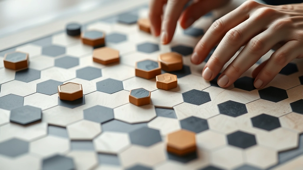 Close-up of hands playing an abstract tile-based board game with hexagonal pieces, showing the tactile satisfaction of placing components and the elegant minimalist game design