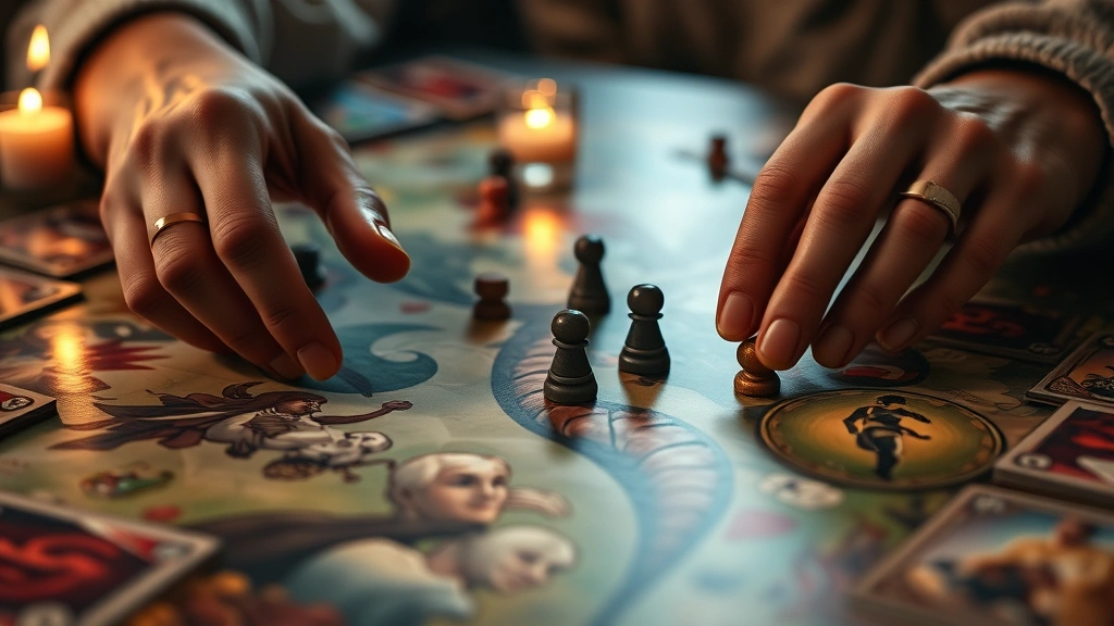 Close-up of hands moving game pieces across beautifully illustrated game board, multiple card decks visible, soft candlelight creating atmospheric gaming environment, focus on tactile game interaction and component quality