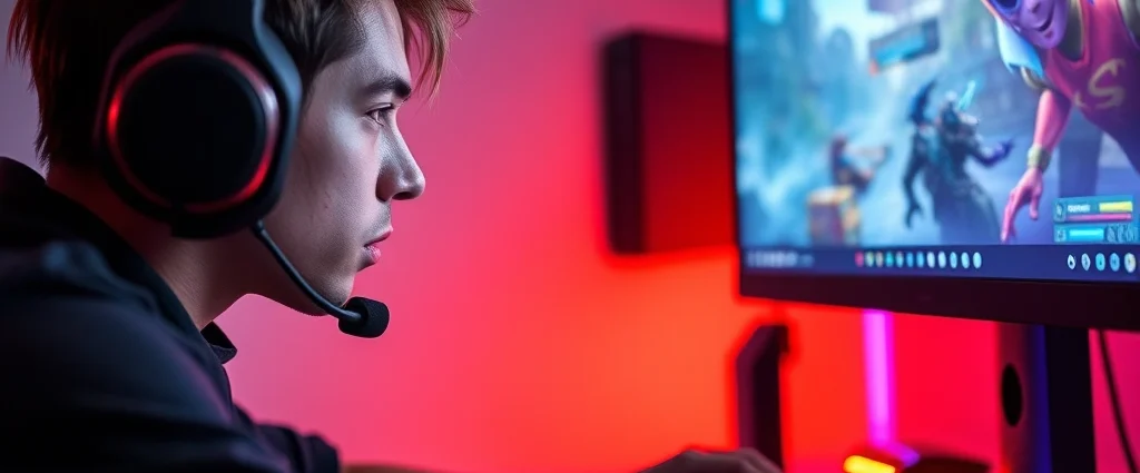 Competitive gamer intensely focused on desktop monitor during action game session, colorful game graphics visible on screen, professional gaming setup with RGB lighting